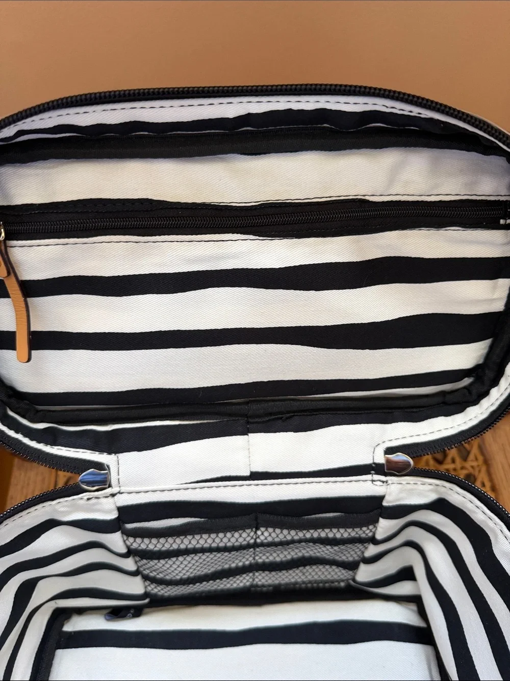 Frances Valentine Black and White Striped Cosmetic Case with Tan Pulls